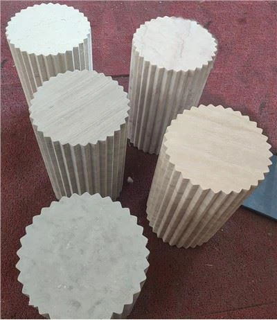 Cava Fluted Round Beige Travertine Drum Plinth Assembly